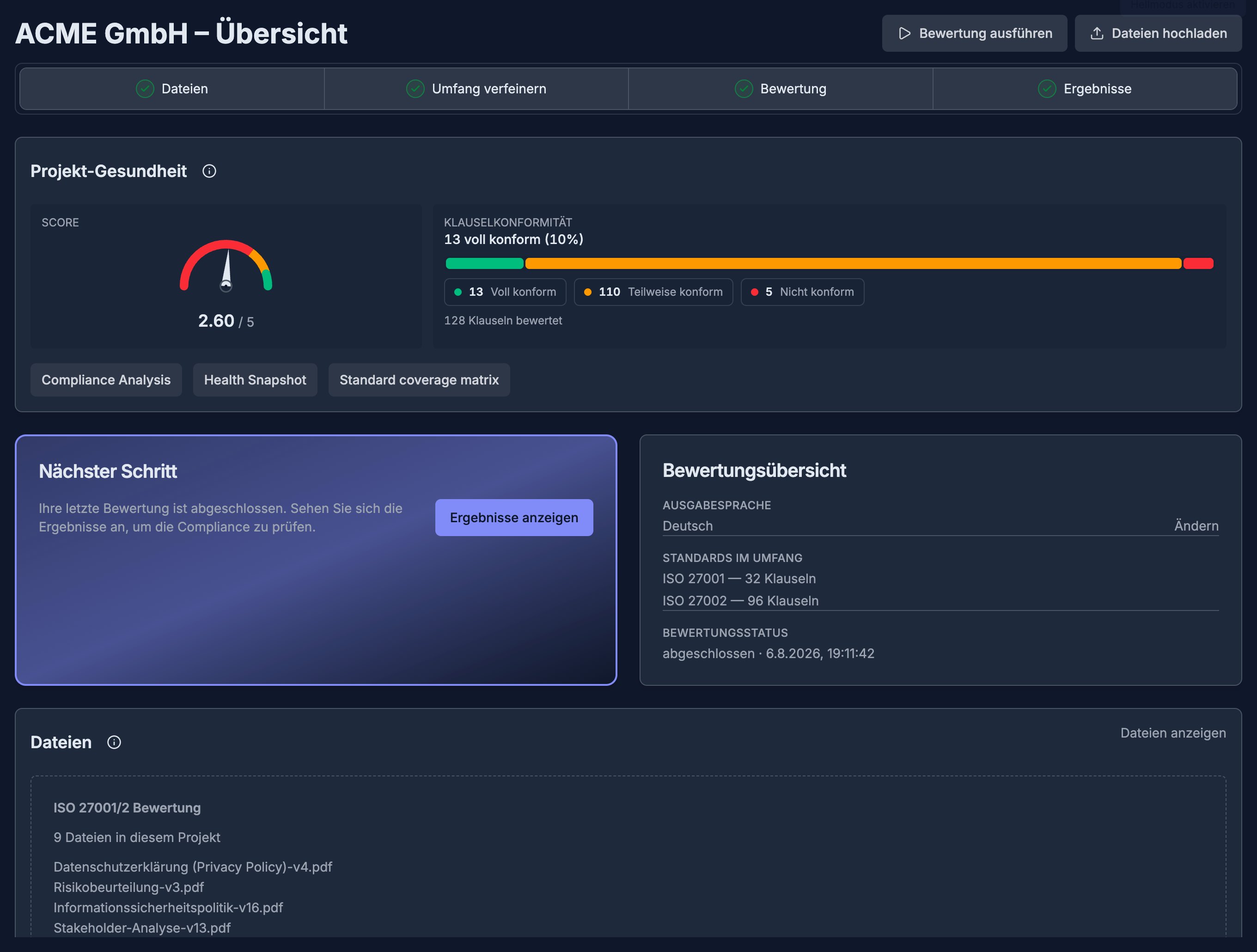 COSI DIAG Projektübersicht mit Status, Bewertung und nächsten Schritten